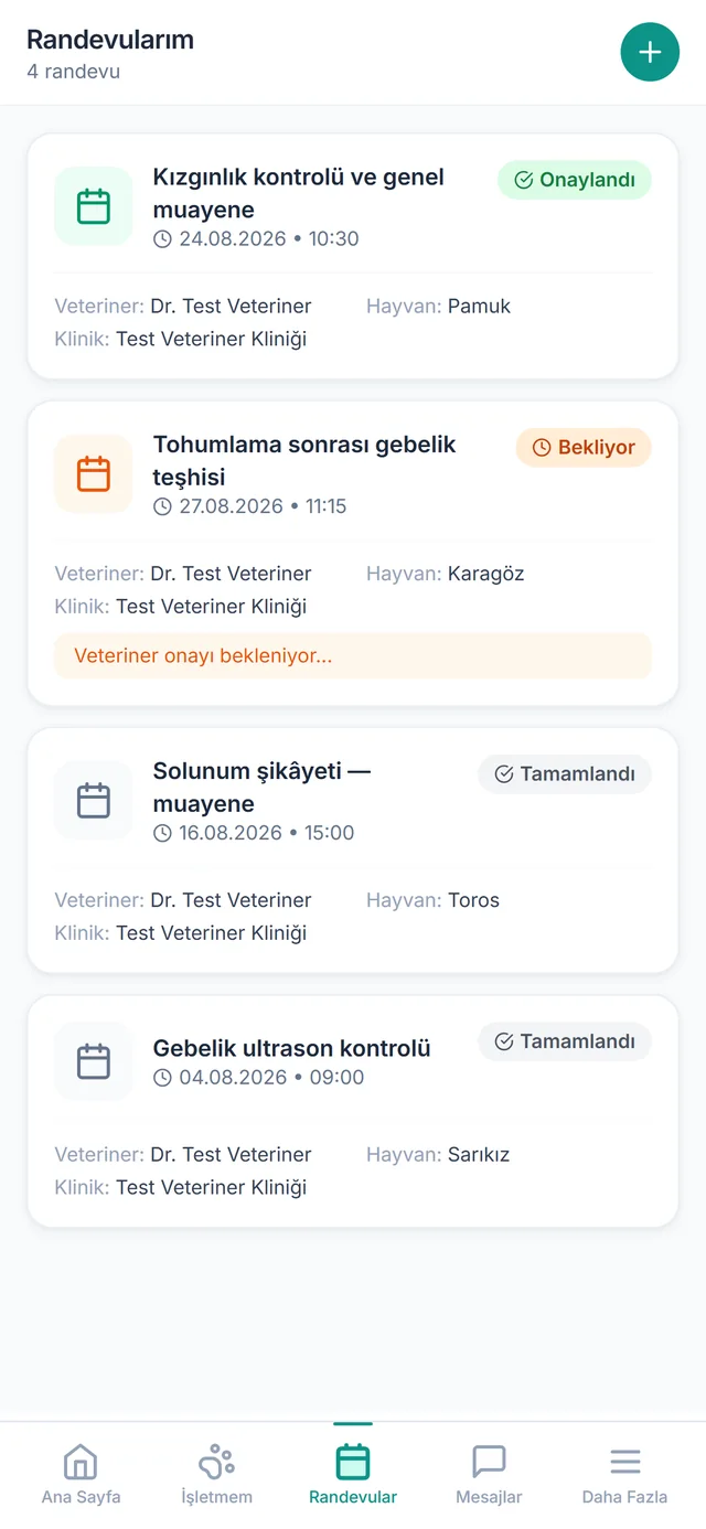 Randevular ve hatırlatmalar ekranı